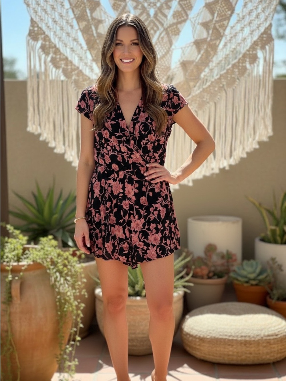 NWT Kimchi Blue Black Romper with Dusty Rose Floral Size 6